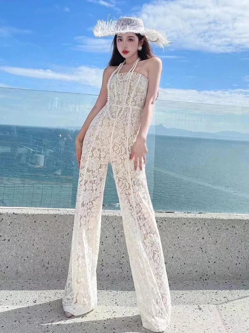 new spring summer office lady Fashion casual sexy brand female women girls lace hollow out straight jumpsuits