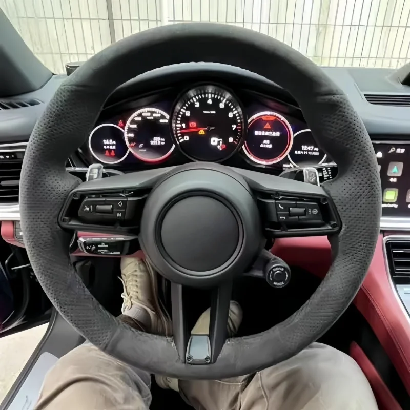 

Car Steering Wheel Cover For Porsche Cayenne 911 Boxster Macan718 Taycan Hand-Sewn Suede Car Interior Accessories