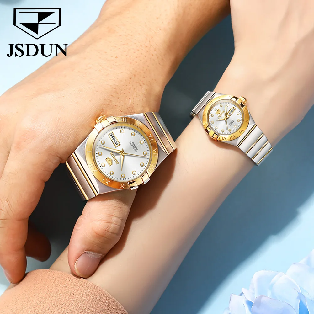 JSDUN Automatic Couple Watches Japan Movement Sapphire Mirror 100M Waterproof Luxury Diamond Gold Watch Lover\'s Watch Set Gift