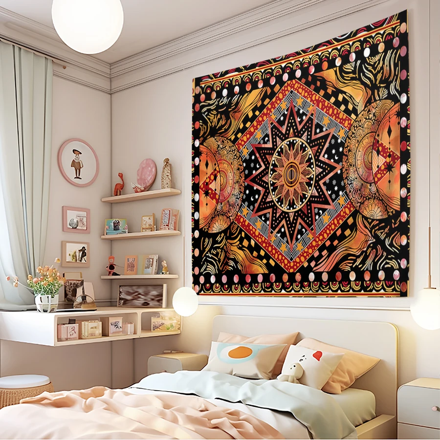 1PC Tapisserie murale imprimée numériquement, motif soleil mandala bohème, décoration murale ethnique spirituelle tribale