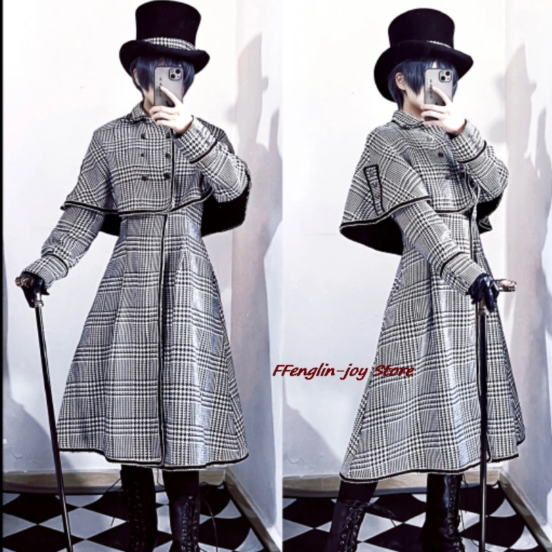 

Kuroshitsuj Ciel Косплей Костюм Парик Плащ Аниме Черный дворецкий Ciel Phantomhive Зимний плащ Нежное клетчатое пальто Костюм со съемкой