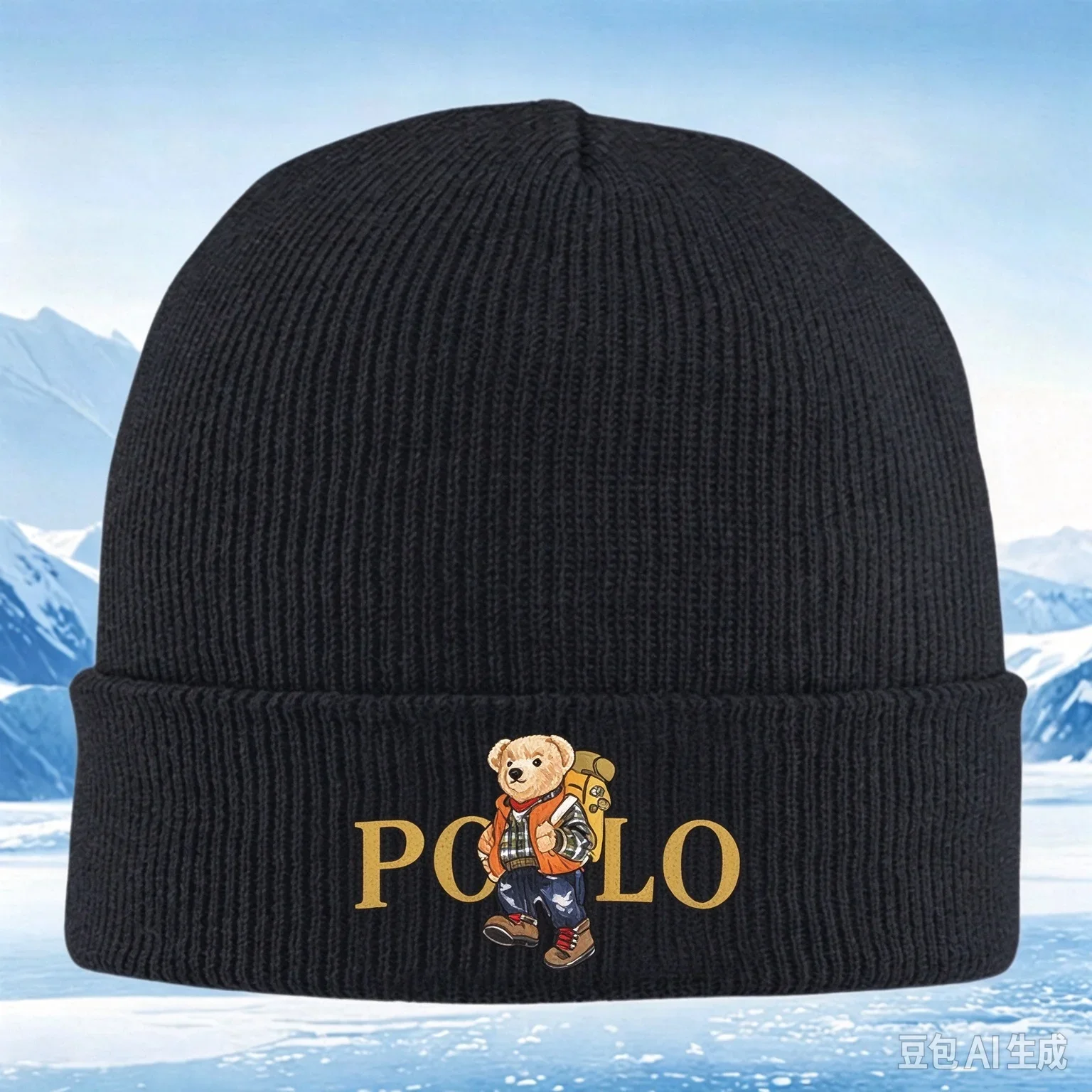 Bear navy blue coat and sailor cap style - for men, women, or gender-neutral. Knitted hat, woolen cap, printed fabric.