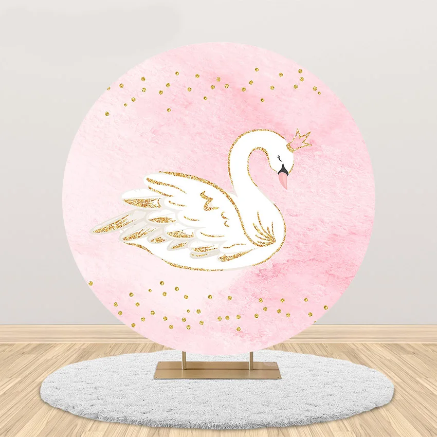 Mehofond Round Photography Background White Swan Pink Gold Crown Girls Birthday Elastic Cover Round Decor Backdrop Photo Studio