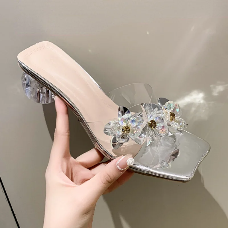 

Maogu Crystal Sandals Elegant Middle Heels Women slippers 2023 Summer Shoes Open Toe Sandal Chunky Heels Woman Red Gold Sliver