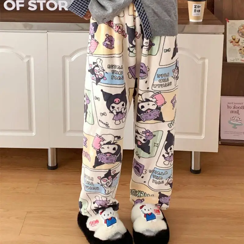 

Cartoon Sanrio Women's Flannel Sleep Pants Autumn Winter Outdoor Walking Home Lounge Wear Warm and Plush Kitty Nightwear Set