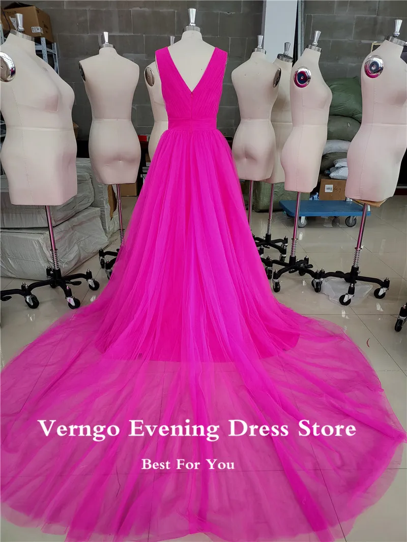 Verngo Elegan Fuchsia Tulle Garis Prom Gaun Sexy Deep V Leher Panjang Lantai Terbuka Kembali Panjang Sederhana 2021 Malam gaun