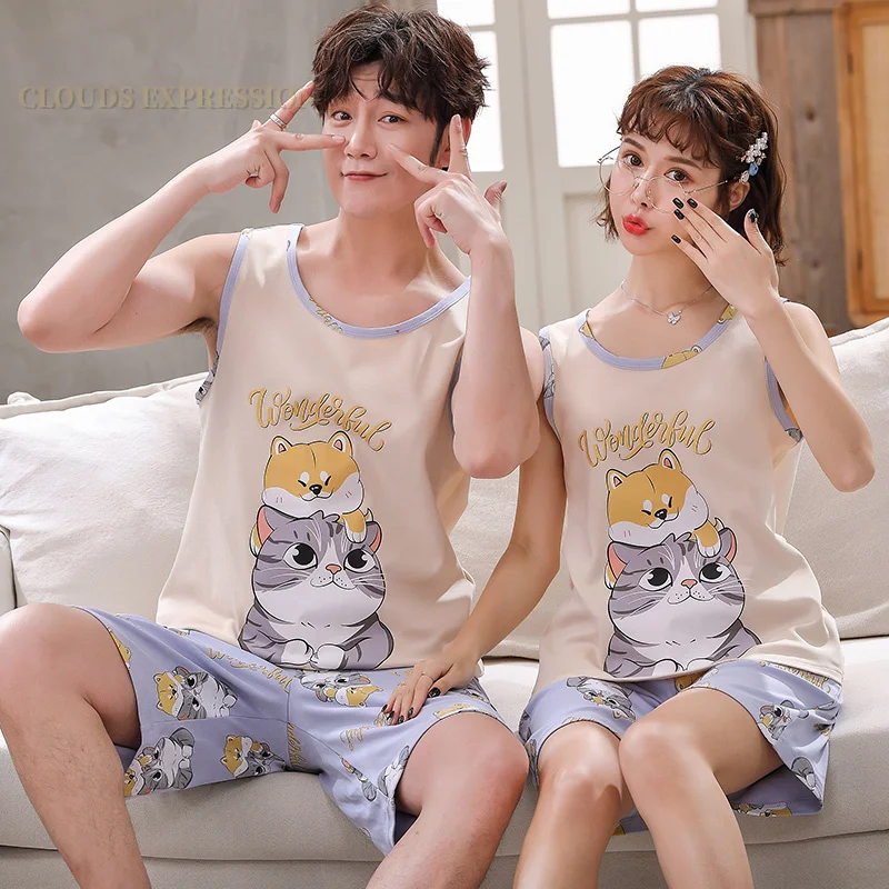 Summer 100% Cotton Cartoon Print Couple Pajama Set Pyjamas Kawaii Sleep Lounge Sleeveless Red Sleepwear Suits Pajamas for Lovers