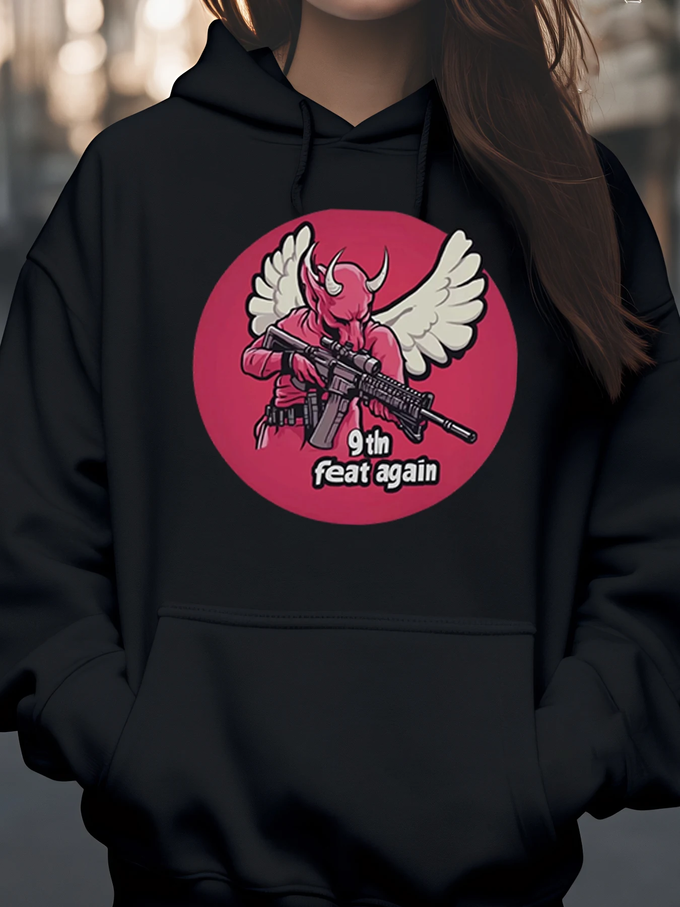 

Толстовка с принтом «Демон с крыльями и пистолетом», 9th Feat Again, повседневная одежда на Хэллоуин для женщин