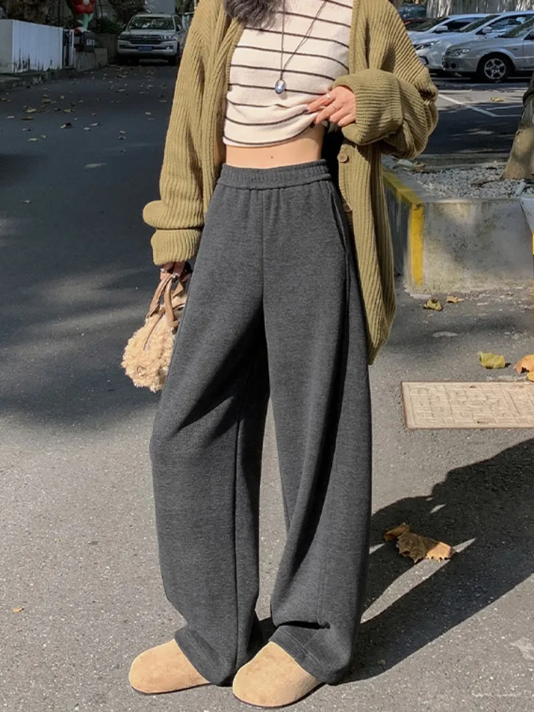 아세테이트 울 와이드 레그 팬츠 여성용 가을 겨울 부드러운 드레이프 하이웨이스트 슬림 스트레이트 레그 팬츠 캐주얼 슬레