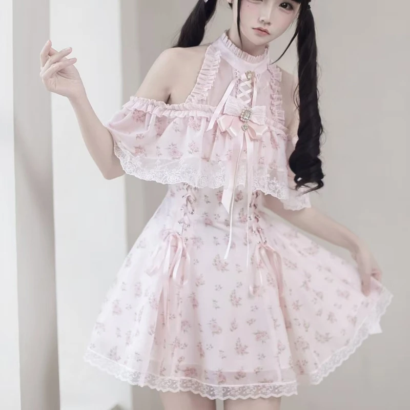 Japanisches Kawaii Lolita Strass-Schleifenkleid für Damen, süßes Blumenmuster, Spitze, schulterfrei, florales Kleid, Y2k, schmales Party-Minikleid