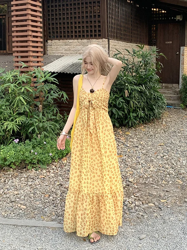 

Yellow Bow Tie Strap Dress plus Size Slimming Design Korean Style A-Line Long Skirt Summer New Arrival Casual Wear V-Neck