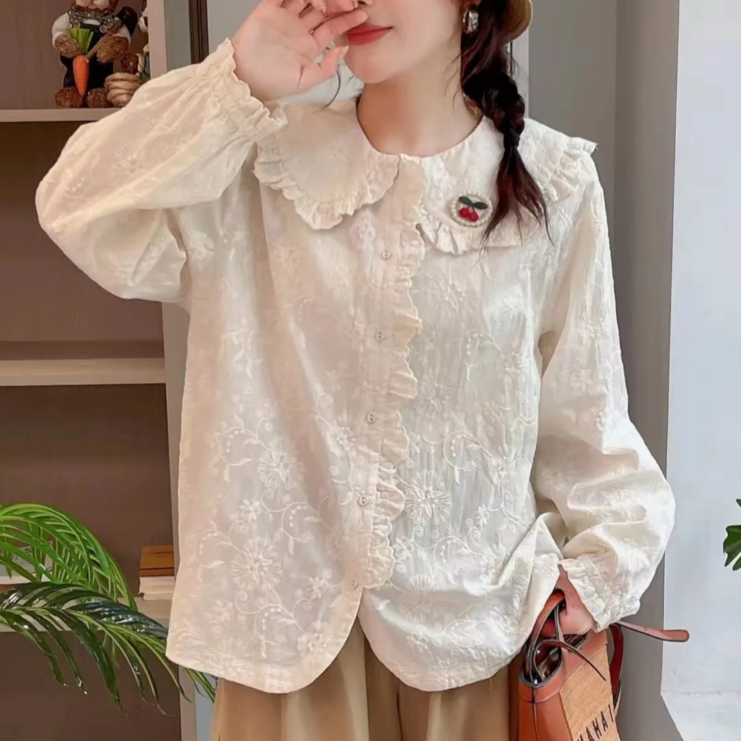 Sweet Mori Girl Embroidered Shirt Female Peter Pan Collar Blouse Women Japan Style Summer 100% Cotton Long Sleeve Shirts