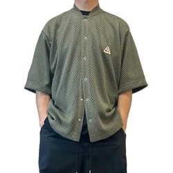 Mesh Short Sleeve Shirt Men Summer Japanese Streetwear Fashion Loose Casual Oversize Cargo Shirts Cityboy Blouses Cardigan