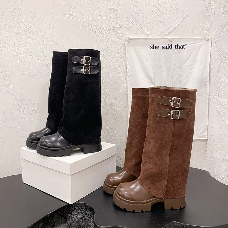 Belt Buckle Knee-high Boots, Trendy Stacked Pant-leg Long Boots, 2026 Fall/winter New Thick-soled Height-boosting Slimming Style