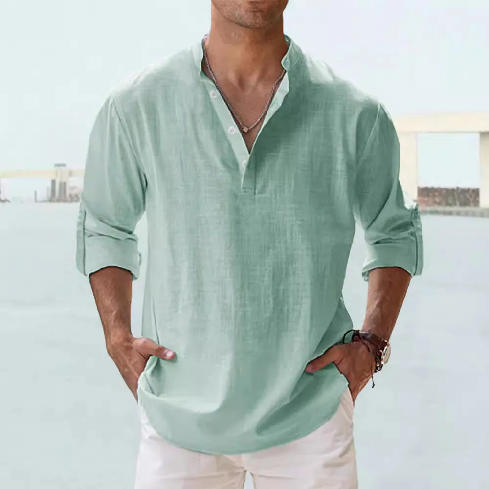 Men's Summer Blouse Linen High Collar Long Sleeve Shirt Loose Undershirt Solid Color Cotton Linen Shirt Men Clothing