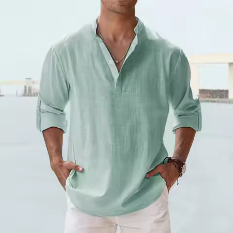 Men's summer blouse linen high collar long sleeve shirt loose undershirt solid color cotton linen shirt men clothing