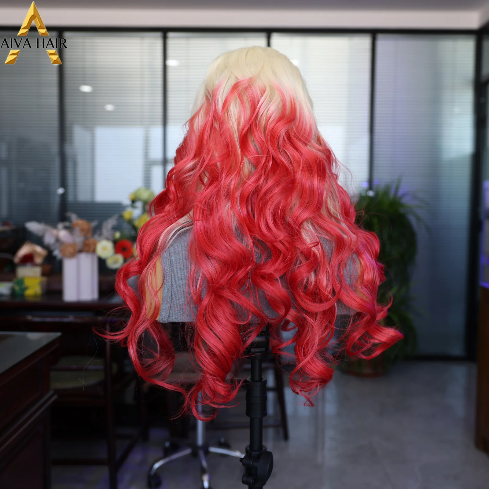 Aiva Synthetic Lace Front Wig High Quality Brown Red Gradient 28 Inch Wave Wig Fits Cosplay Party Natural Hair Line 180 Density