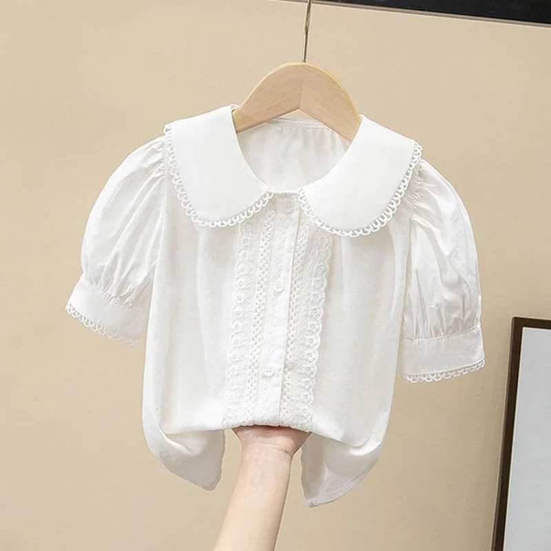 Summer Children Clothes Preppy Style School Girl Button Up Shirt Baby Teenage Girls Lace Blouse White Short Sleeve Kids Tops