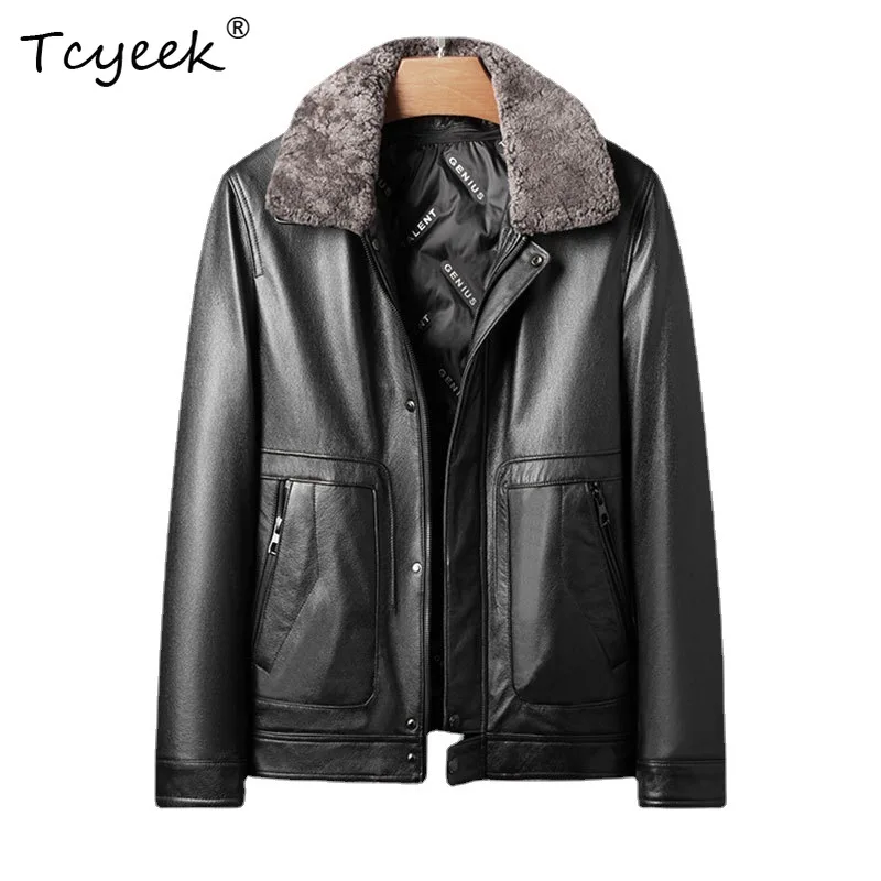 

Tcyeek Top Layer Cowskin Autumn Winter Lapel White Duck Down Black Short Men's Genuine Leather Jacket Jaqueta De Couro Masculina