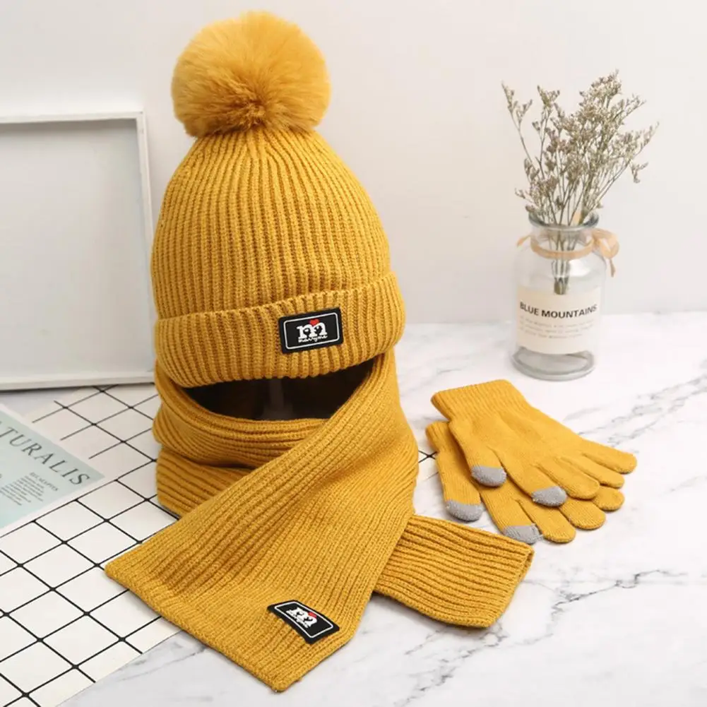 Winter Hat Scarf Glove Combo Kids Winter Accessories Set Hat Scarf Gloves Plush Ball Decor Knitted Windproof Warm for Boys