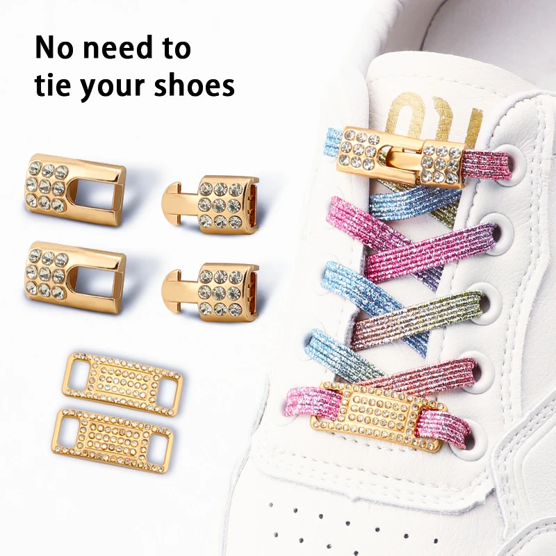 

Luxury Gold Diamond buckle Shoelaces without ties Glitter Elastic Laces Sneakers Tennis No Tie Shoe laces Flat Shoelace for Shoe