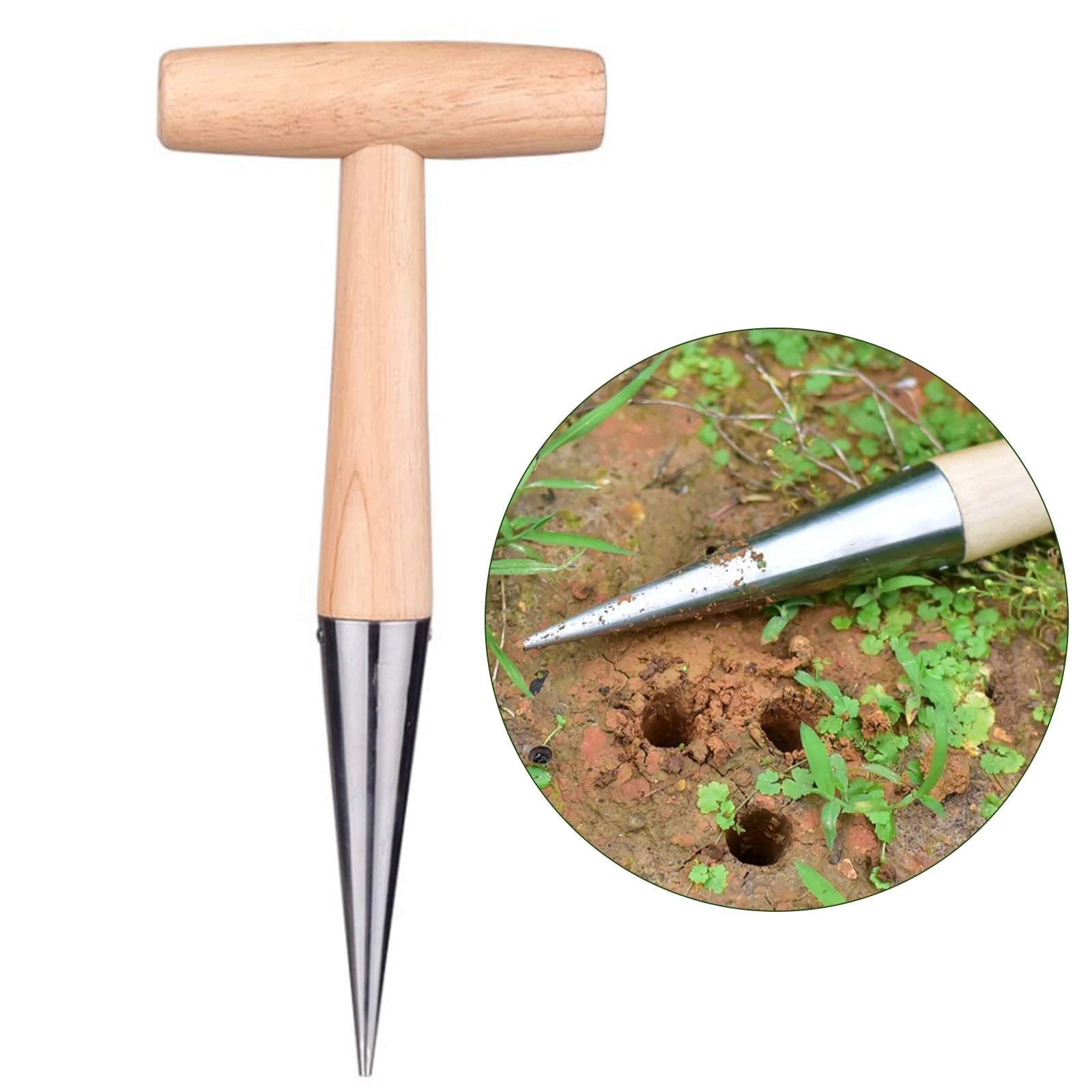 Bulb planting tool stainless steel seeder with wooden handle soil digger garden sowing punch garden punch tool