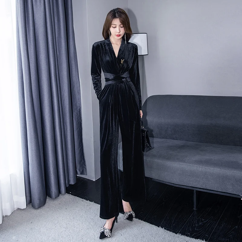 Korean Fashion Spring Autumn Velvet Jumpsuit Women High Waist Office Lady Black Jumpsuits Combinaison Femme Elegant Overalls