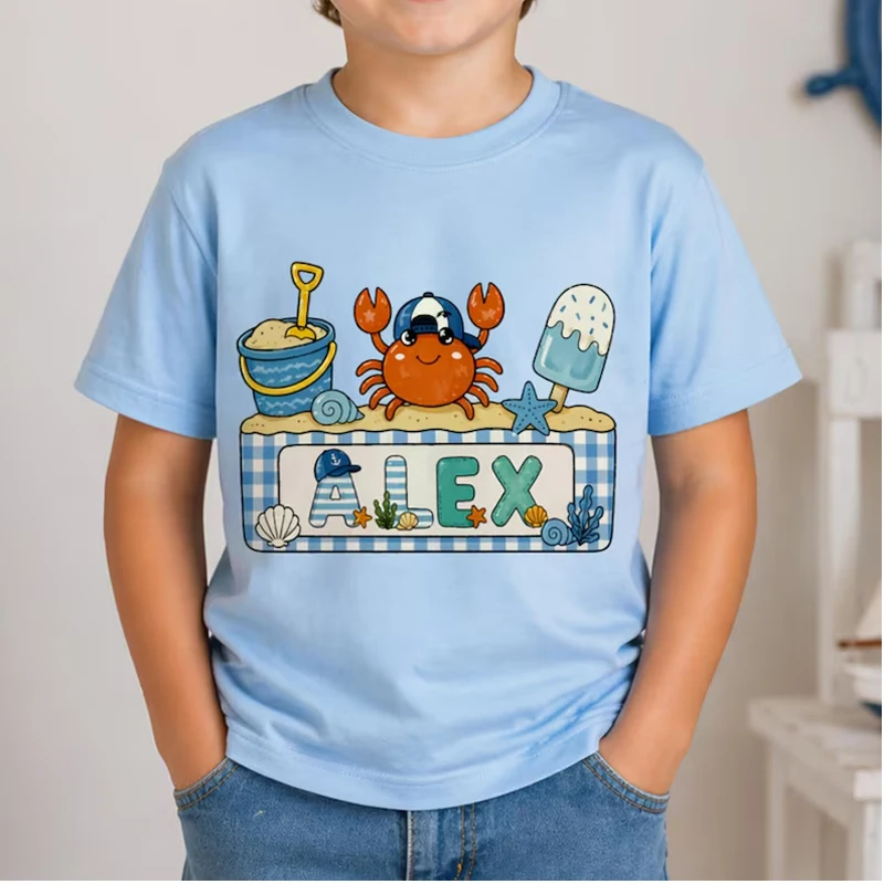 Custom Kids Beach Crab Name Shirt, Matching Brother Sister Summer Tee, Personalized Sibling Beach Outfit, Boy Girl Beach Vacatio