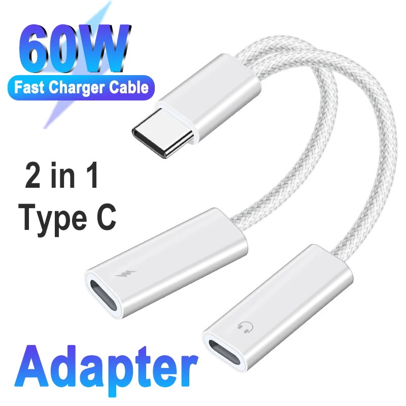 

60W PD USB Type C Splitter to Dual 3.5mm Jack Audio Headphone For Apple iPhone 15 Pro Max 2 in 1 Fast Charger Phone Adapter