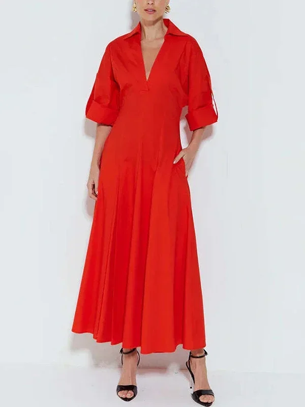 Women's Spring Autumn V-neck Maxi Dresses 2025 New Vocation Evening Birthday Wedding A-Line Shirts Long Dress for Office Ladies