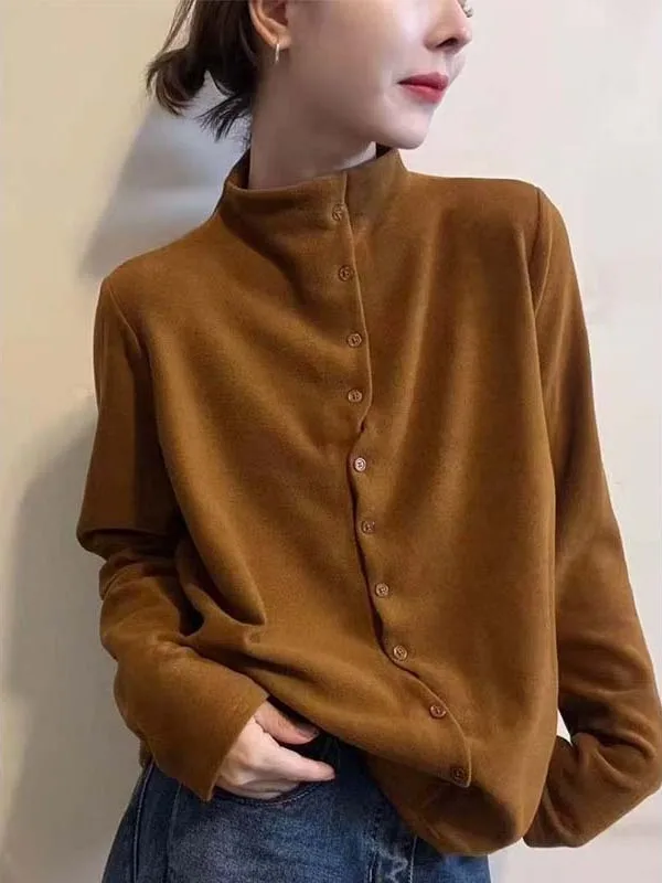 여성용 스탠드 칼라 긴팔 베이직 티셔츠 한국 패션 블라 V넥 풀오버 탑 다용도 가을 겨울...