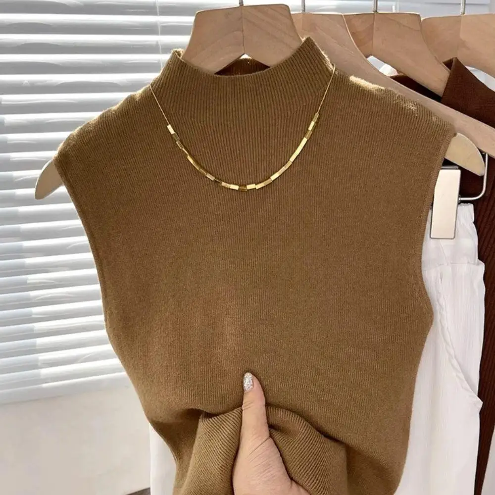 Elegant Women's Vest Knitted Tank Top Tees T-Shirt Women Top Half-turtleneck Cropped Top Camisole Sweater  Autumn Sleeveless