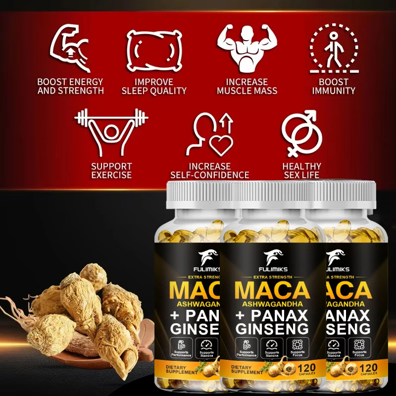 Maca Root Capsules 10,000mg + Korean Ginseng 1,400mg - Black + Red + Yellow Maca Root, Potent & Highly Pure, Energy & Endurance