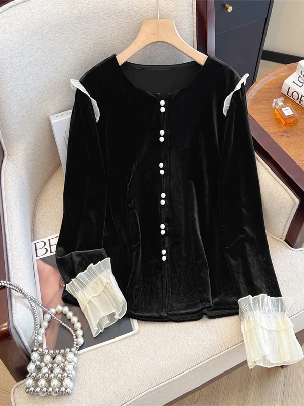 

Женская блузка из золотистого бархата в стиле ретро с длинными рукавами, осенняя, свободного кроя, повседневная, модная, высококачественная, легкая, базовая, верхняя одежда