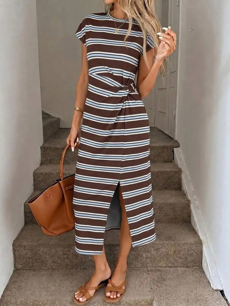

Striped Twist Waist High Slit Sleeveless Midi Dress For Women Casual Summer