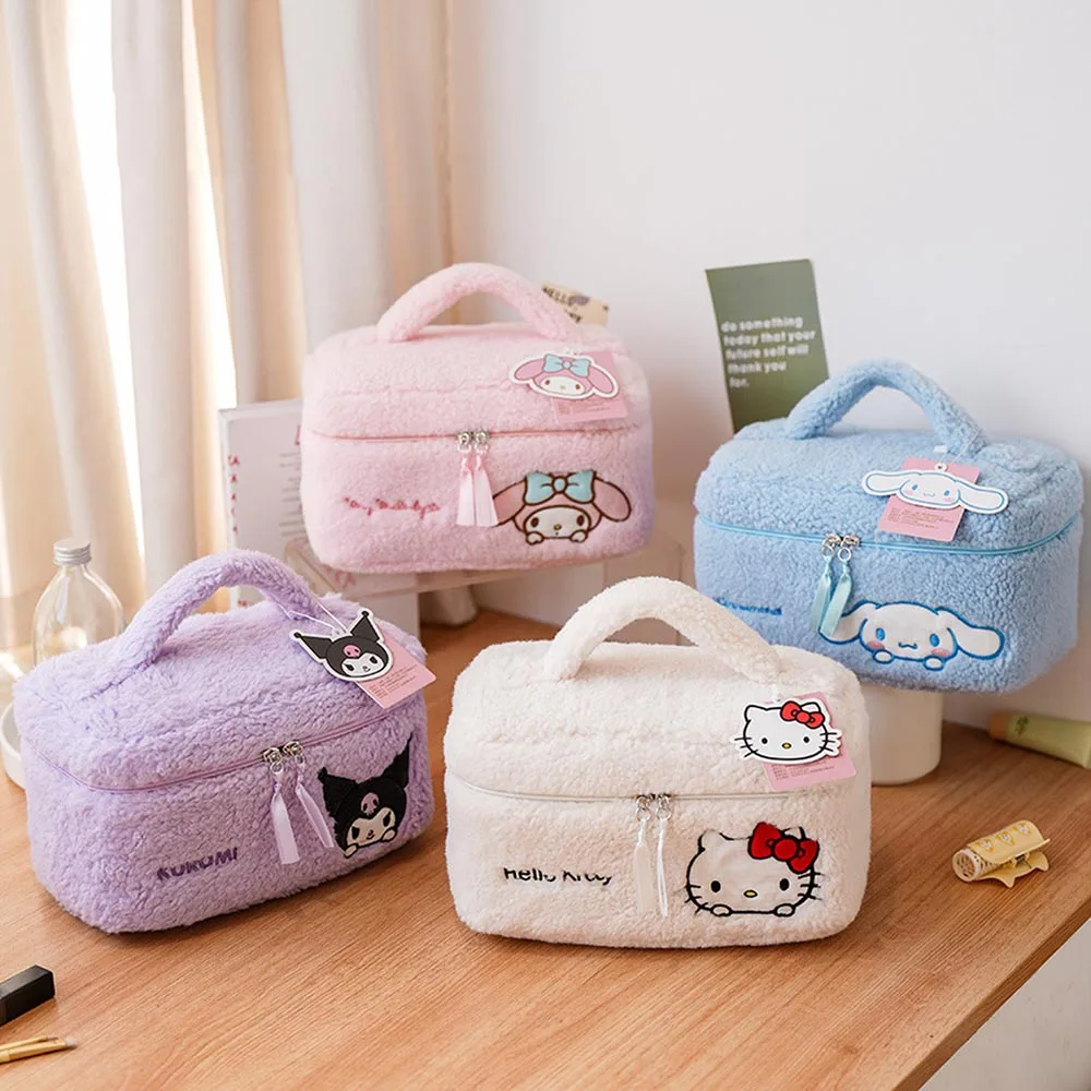 

Cute Sanrioed Kuromi My Melody Cinnamoroll Hello Kitty Embroidery Makeup Bag Large Capacity Autumn and Winter Plush Storage Bag
