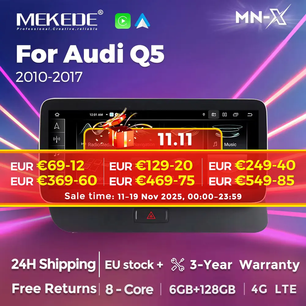 NEW Android 14 8-Core Wireless Carplay Car Multimedia Video Player For Audi Q5 2009-2016 Auto Radio Navigation GPS 4G SIM BT
