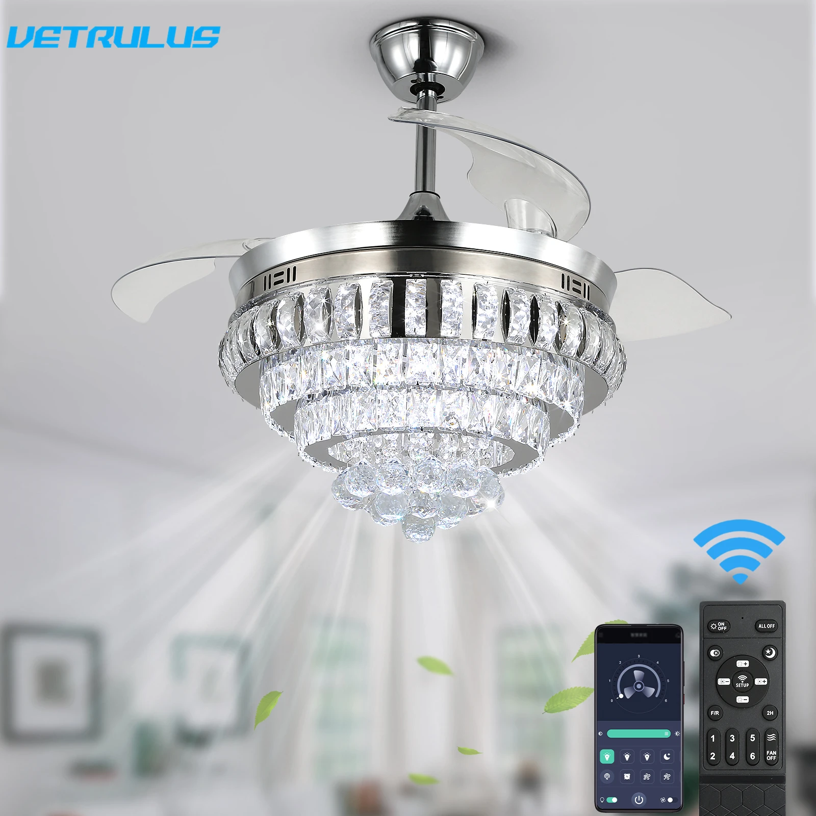 Modern Ceiling Fan Lamp Crystal Ceiling Fan Led Light RC Living Dining Room Chandelier Indoor Decor Fixture BLDC Intelligent