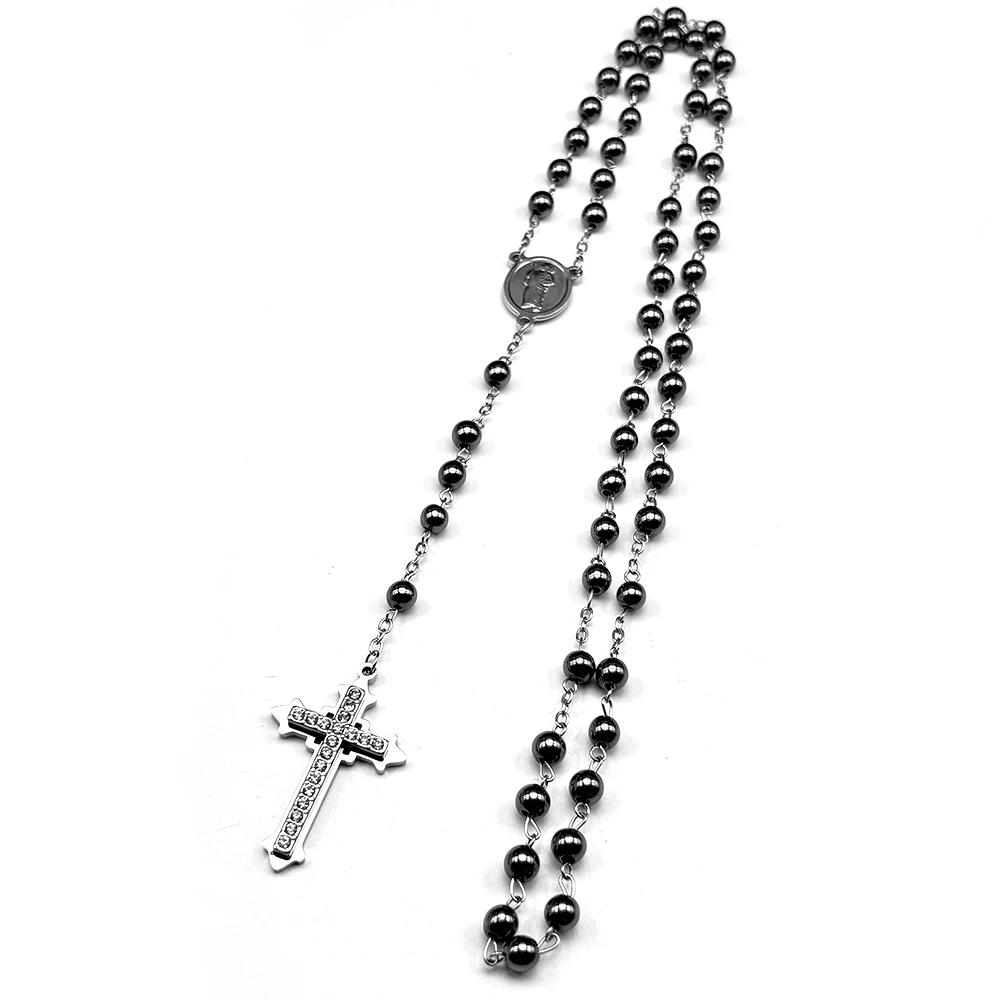 Christliches Kreuz Strass Anhänger Halskette für Frauen Männer Silber Farbe Edelstahl Katholische Gebetskette Kette Schmuck