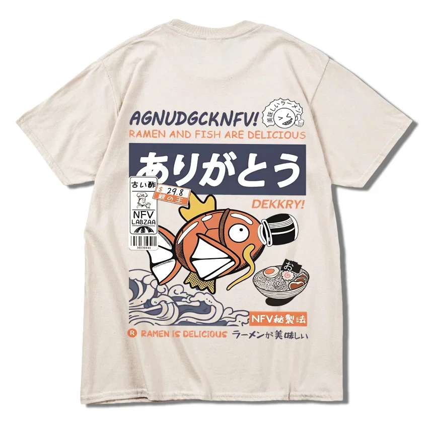 Camiseta de manga corta cómoda e informal para hombre, hip hop, con estampado de pez ramen divertido japonés, 2024