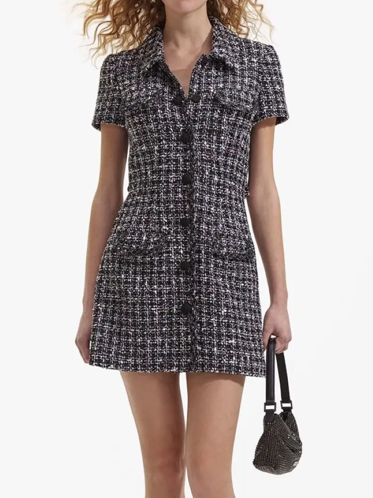 Women Houndstooth Mini Robe Back Hollow Out Single Breasted Turn-down Collar Short Sleeve Vintage Spring 2024 Dress