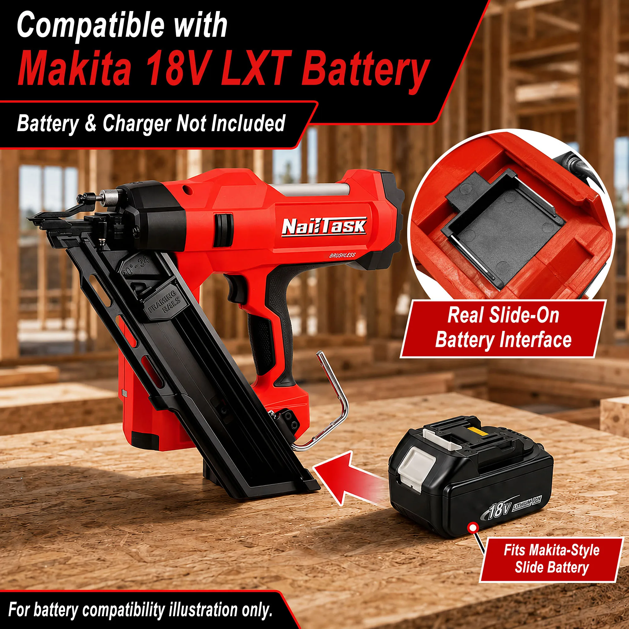 NAILTASK 20V Cordless Brushless 34° Framing Nailer, Adjustable Depth, No Battery for 50-90mm Paper Nails Flooring Wood Work