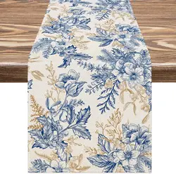 Vintage Blue Gold Flower Leaves Linen Table Runner Wedding Decoration Reusable Farmhouse Kitchen Dining Table Runner Party Decor