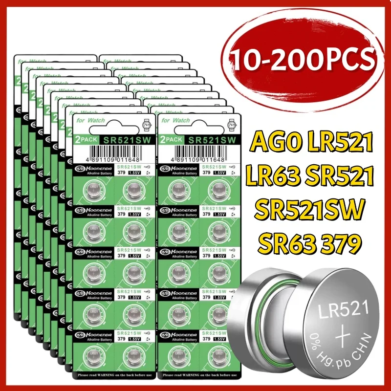 10-200 Uds AG0 LR521 pilas de botón LR63 SR521 SR521SW SR63 379 1,5 V pila de botón alcalina para calculadoras relojes