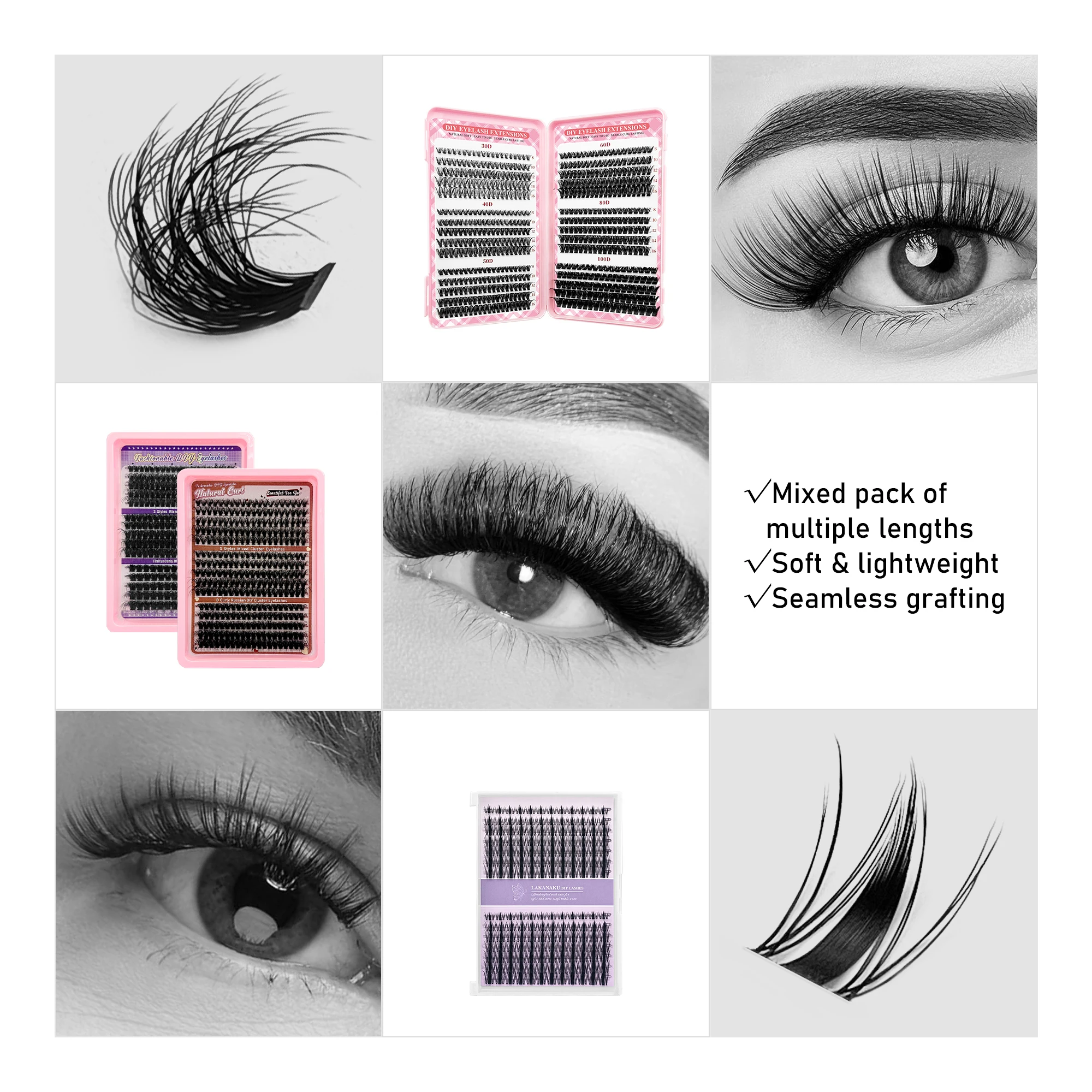 LAKANAKU Natürliche Cluster-Wimpernverlängerungen DIY Cluster-Wimpern Manga-Wimpern Cluster Ultradünne magische Anime-DIY-Wimpernverlängerungen