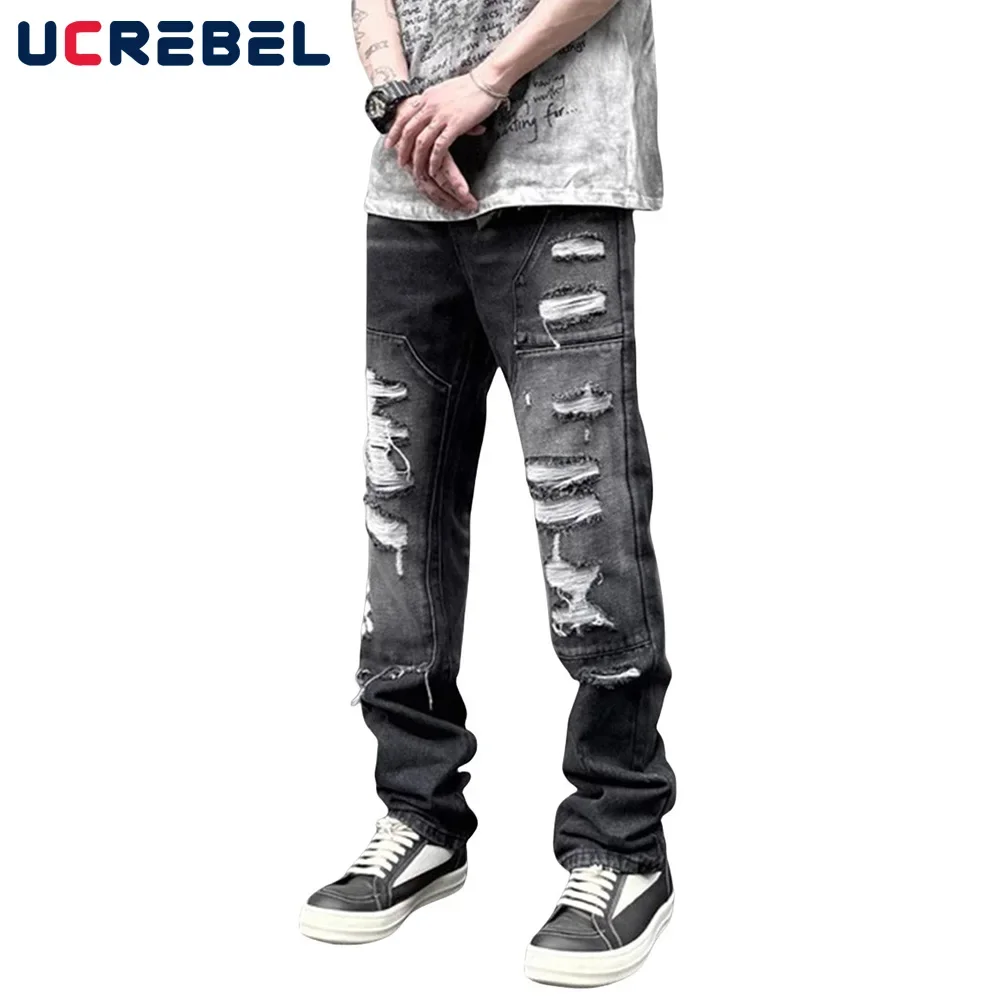 

Patchwork Washed Distressed Jeans Mens Double Knee Ripped High Street Spliced Carpenter Denim Pant Men Trousers