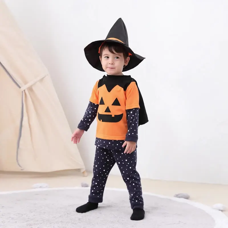 Classic Halloween Style Long Sleeves Pumpkin Star Romper with Hat/4-piece Set Baby Jumpsuits 3158