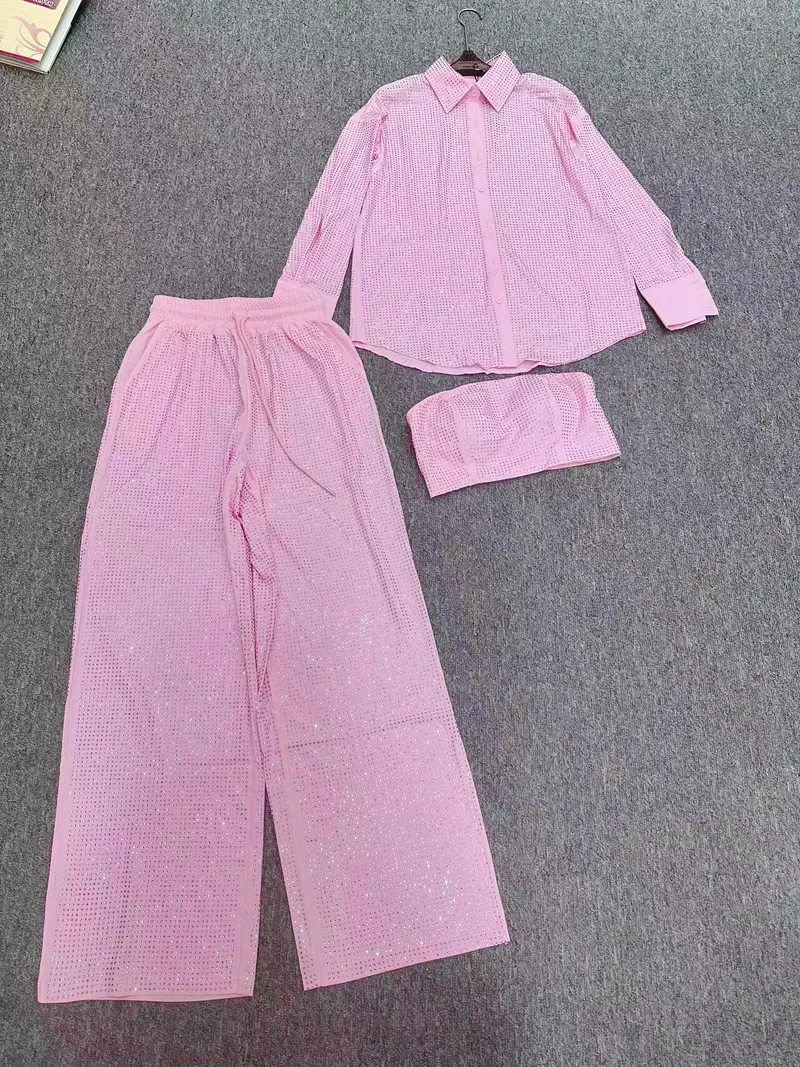 Chemise à manches longues pour dames, revers, biscuits brillant, jambe droite, pantalon, RapeÉlégant, ensemble 2 pièces, printemps, 2024