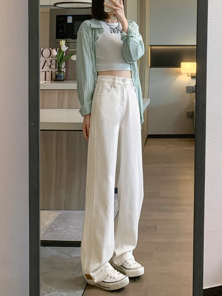 

Женские джинсы с высокой талией, широкими штанинами, прямого кроя, повседневные, весна-осень, светло-бежевые, свободные, стройнящие, длинные брюки