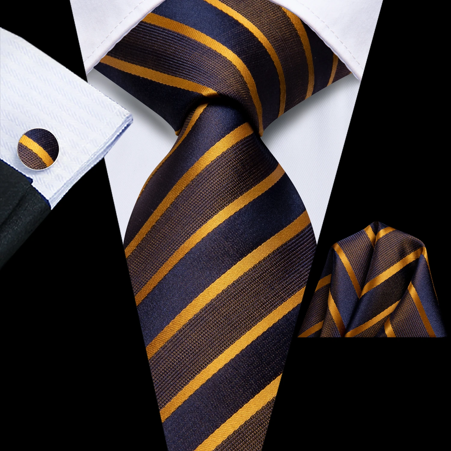 

Hi-Tie Designer Striped Black Gold Elegant Tie for Men Fashion Brand Wedding Party Necktie Handky Cufflink Wholesale Business